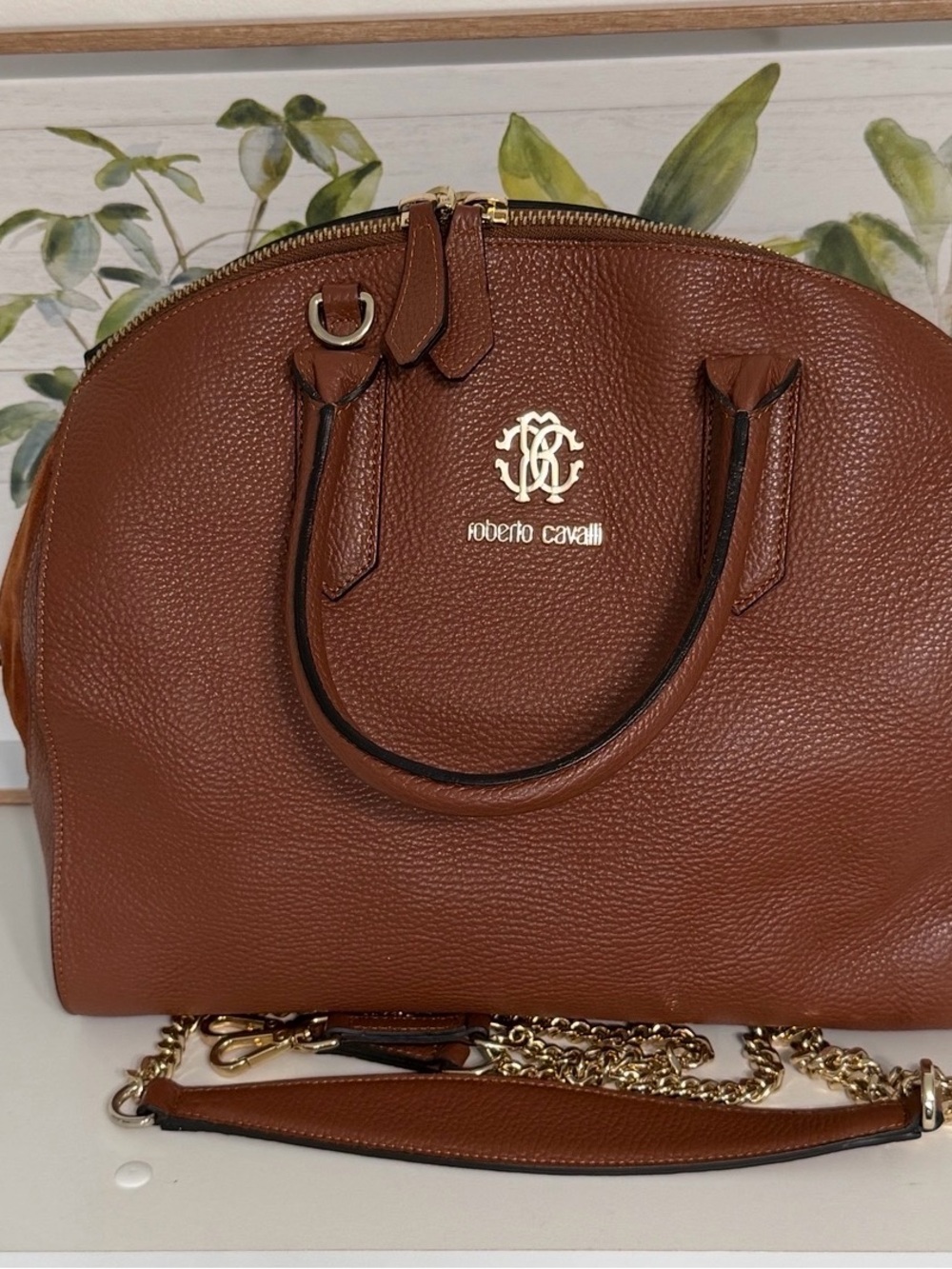 Roberto Cavalli Chestnut Brown Pebbled Leather Satchel with Gold Hardware